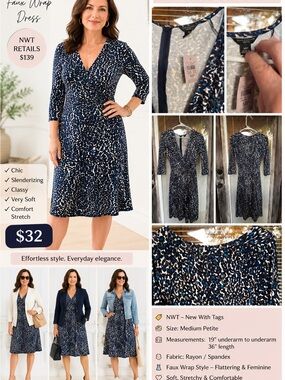 Maggy London Navy & White Abstract Faux-Wrap Midi Dress